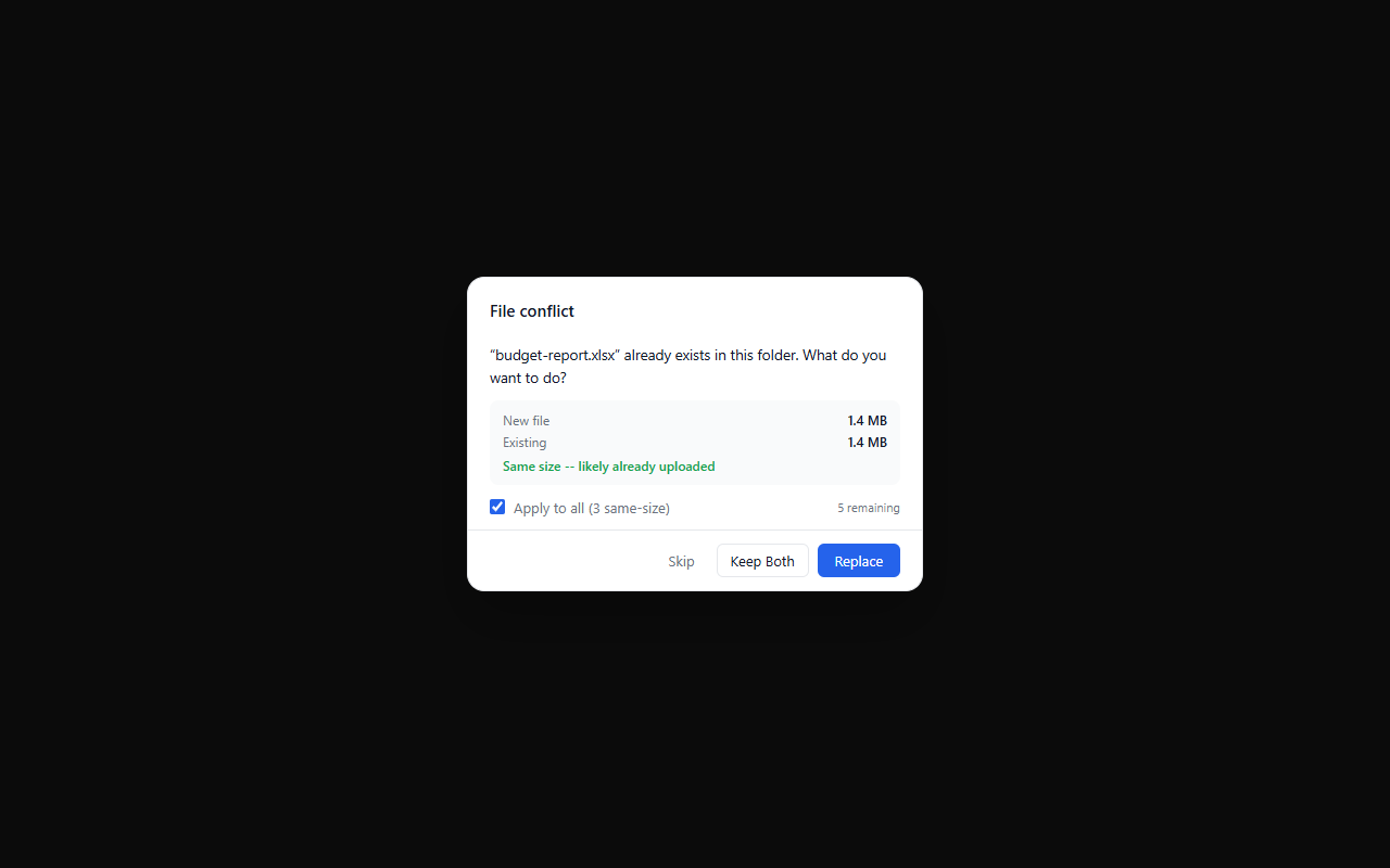 Conflict dialog with Apply to all checkbox