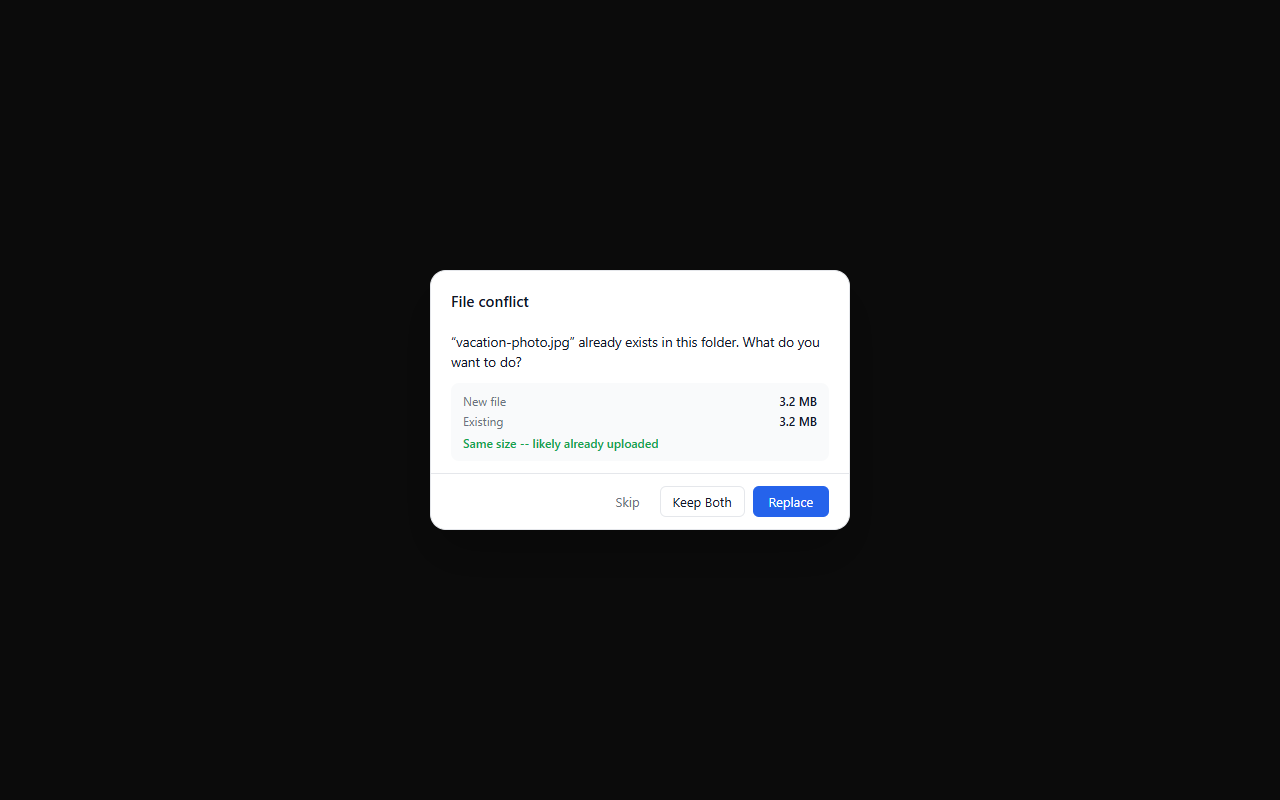 File conflict dialog with Skip, Keep Both, and Replace buttons