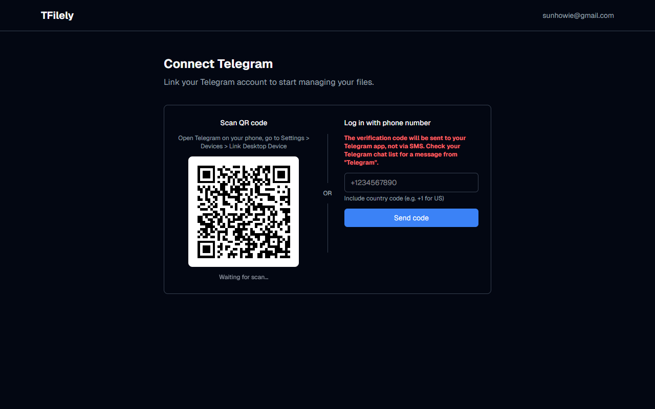 Telegram connect page showing QR code and phone number options