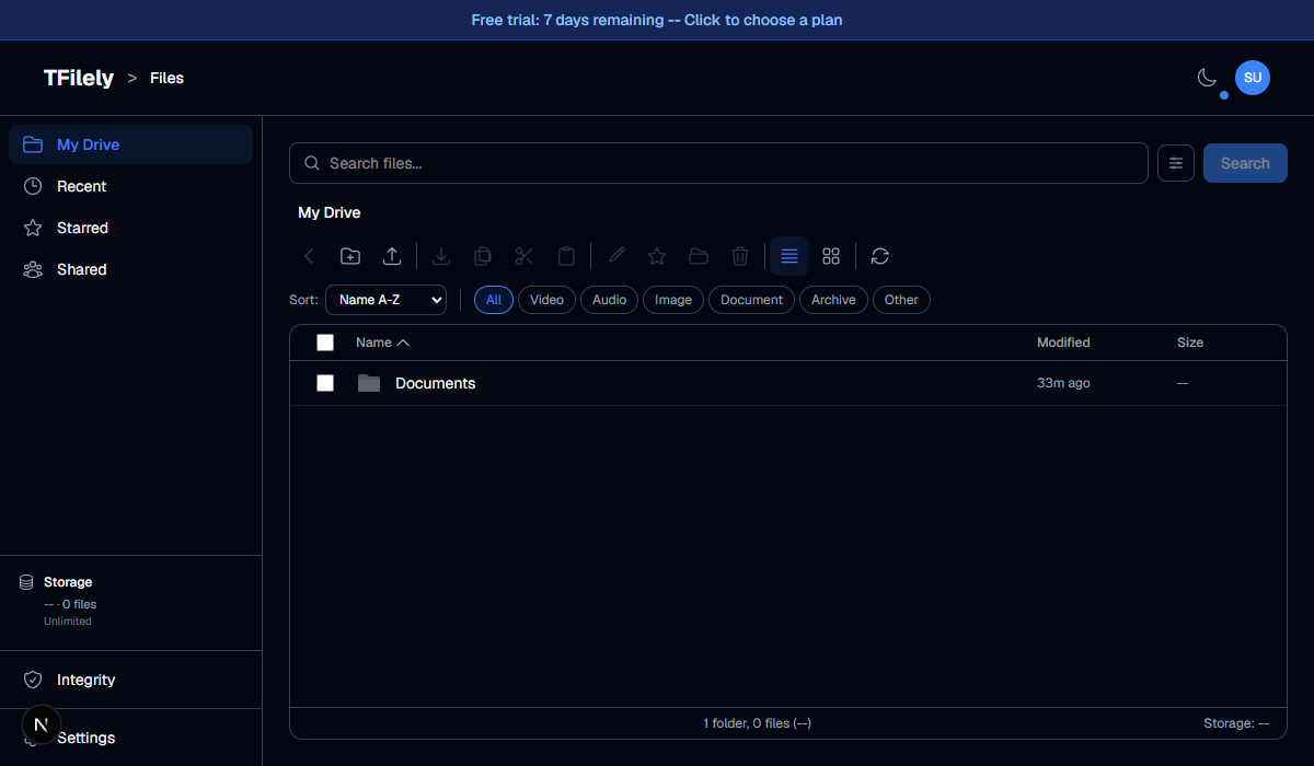 Dashboard file manager in list view