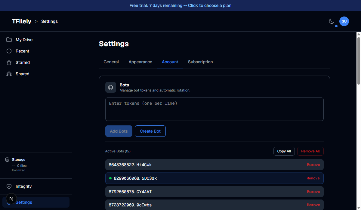 Settings Account tab - bots section