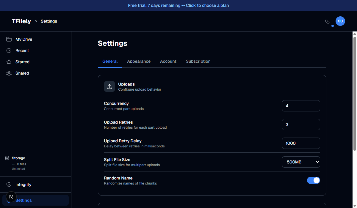 Settings General tab