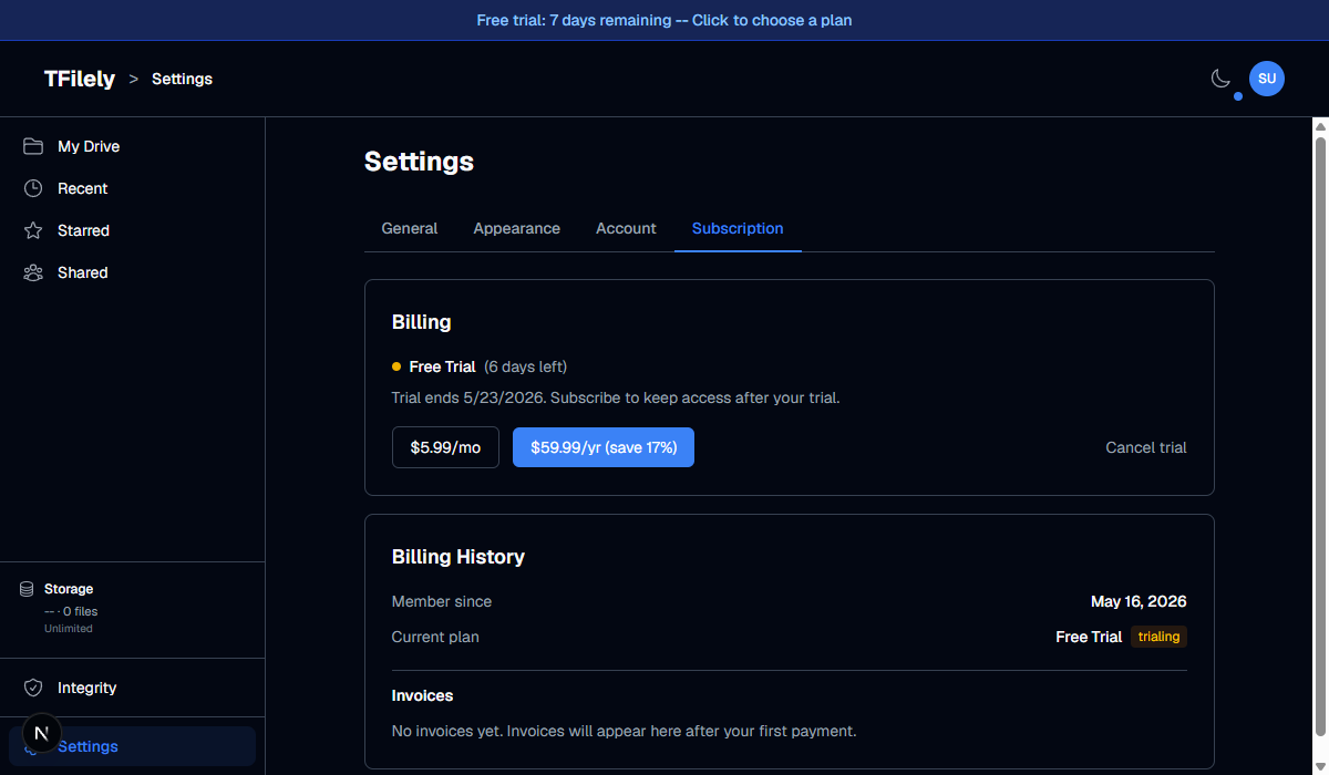Settings Subscription tab