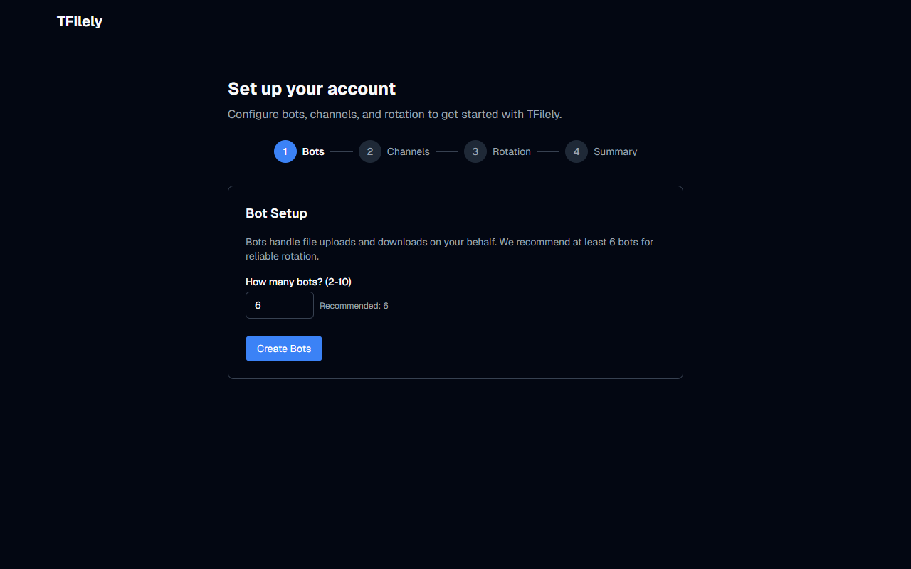 Setup wizard bot creation step showing auto-create button and token list