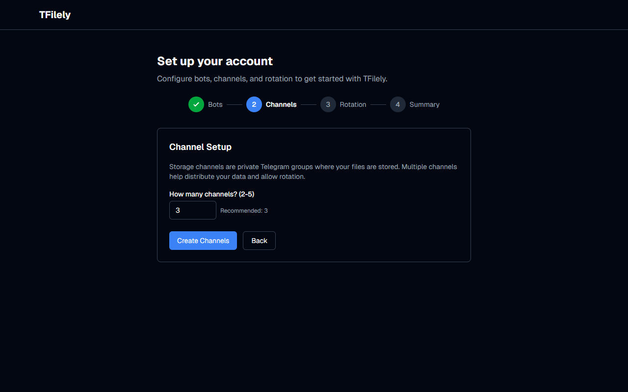 Setup wizard channel creation step showing channel list and create button