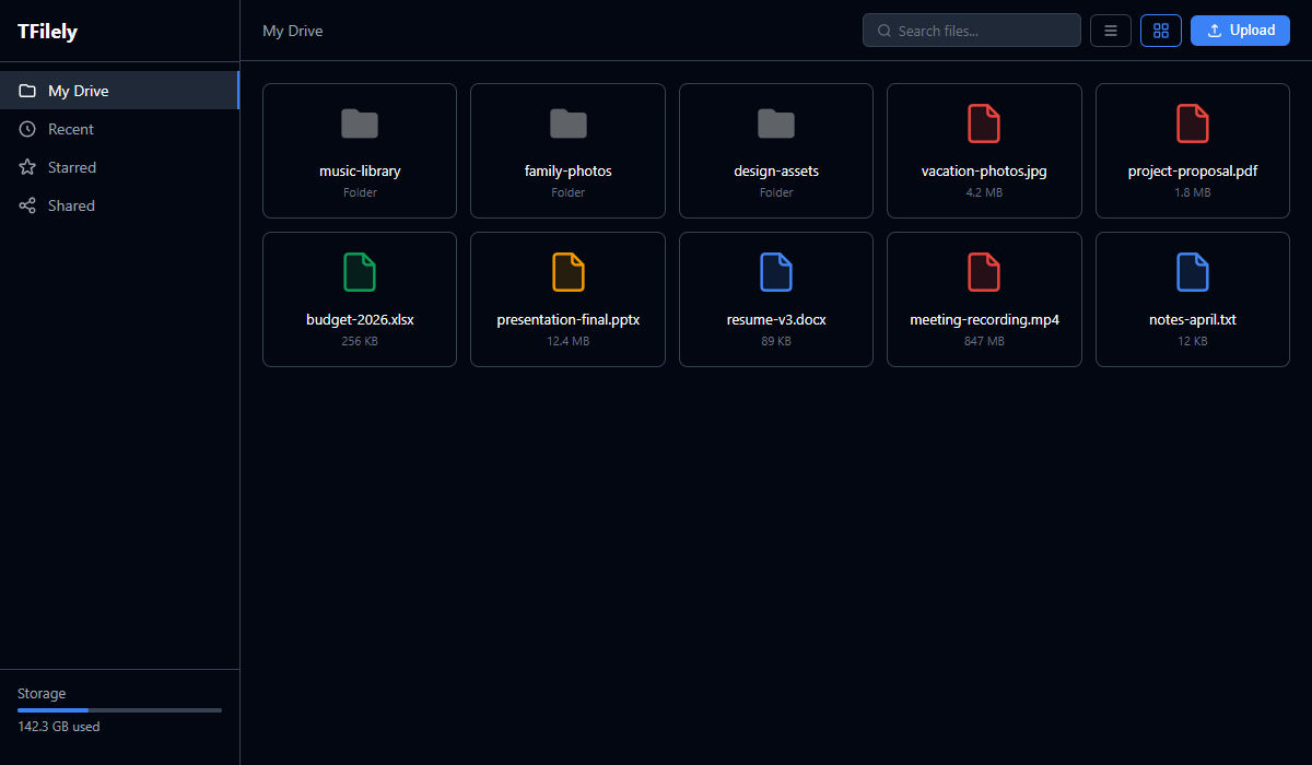 TFilely dashboard in grid view showing files and folders