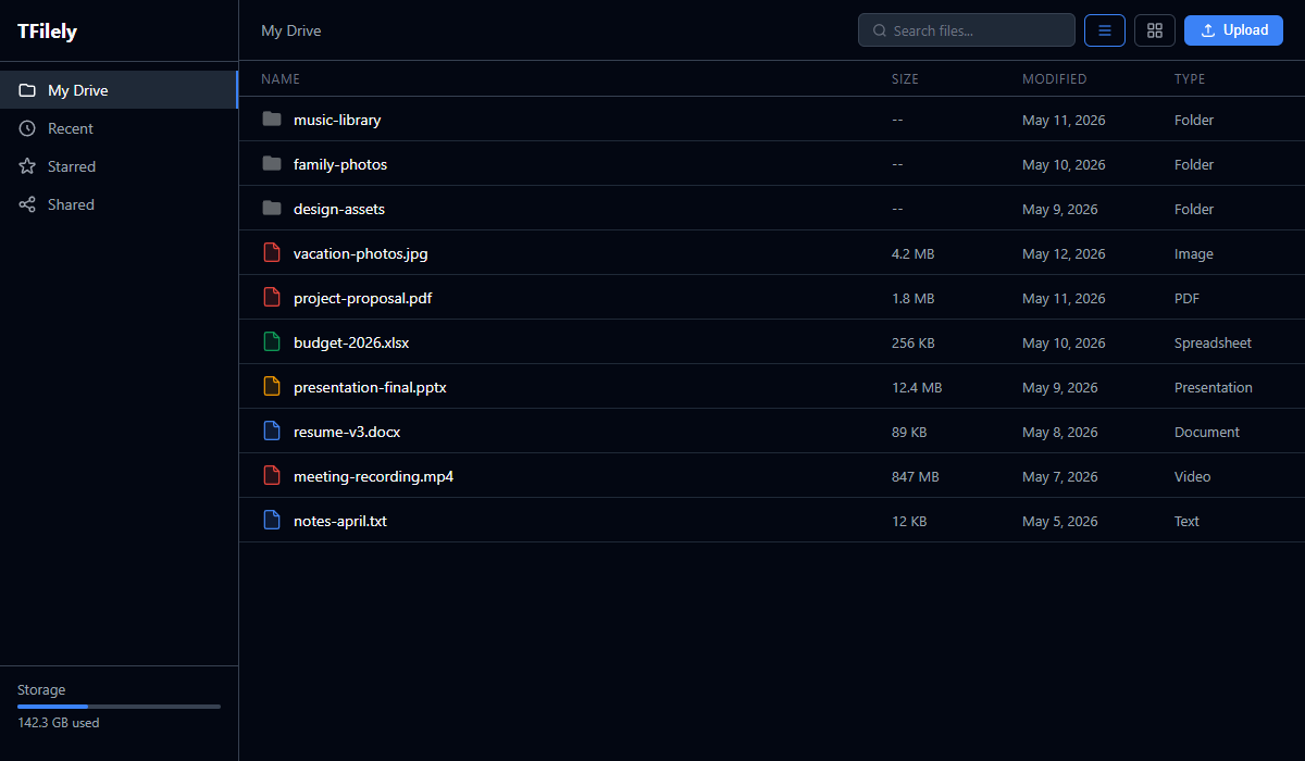 TFilely dashboard in list view showing files and folders